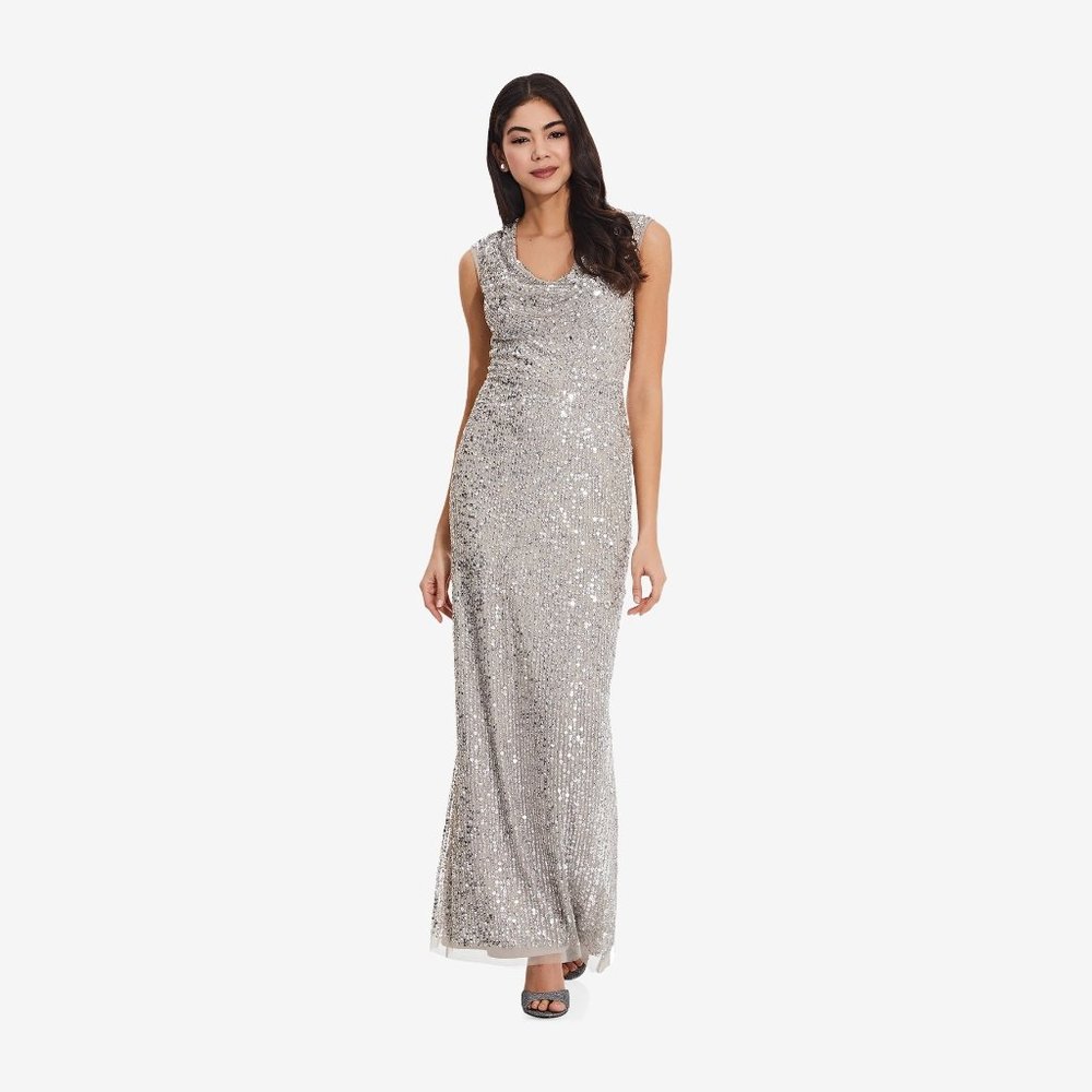 Adrianana Papell Long Beaded Cowl Neck Dress